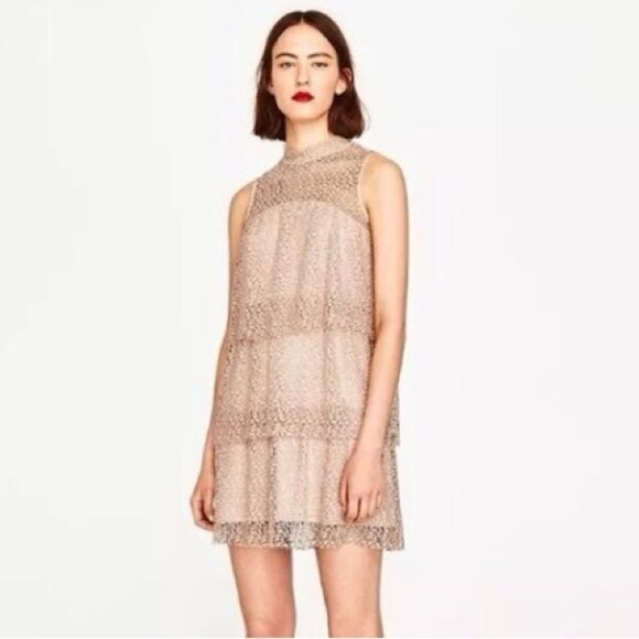 ZARA Women's Mini Dress Lace Crochet Tiered layers Romantic Pink nude Size XS - Picture 4 of 16